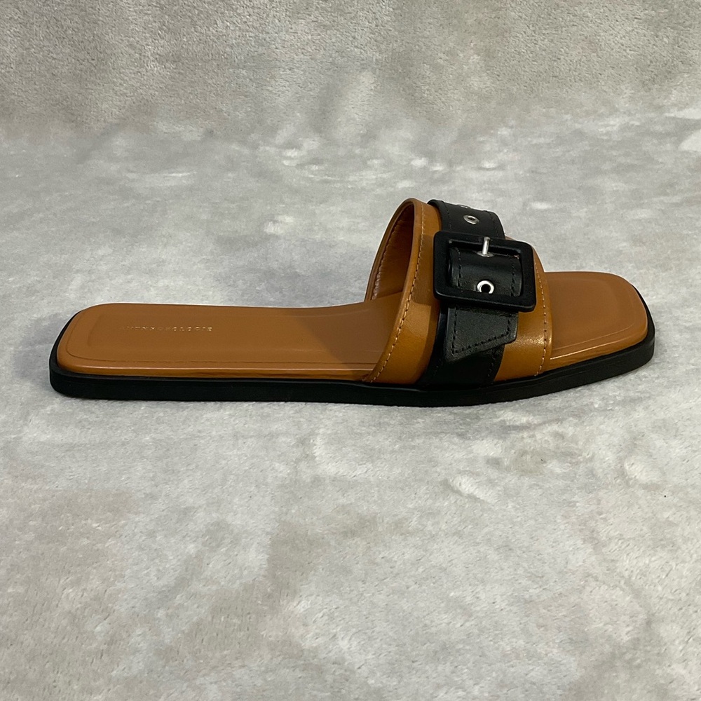 Anthropologie Leather Buckle Slip-On Slide Sandals Womens 9 / 39 Black Brown - Picture 4 of 7